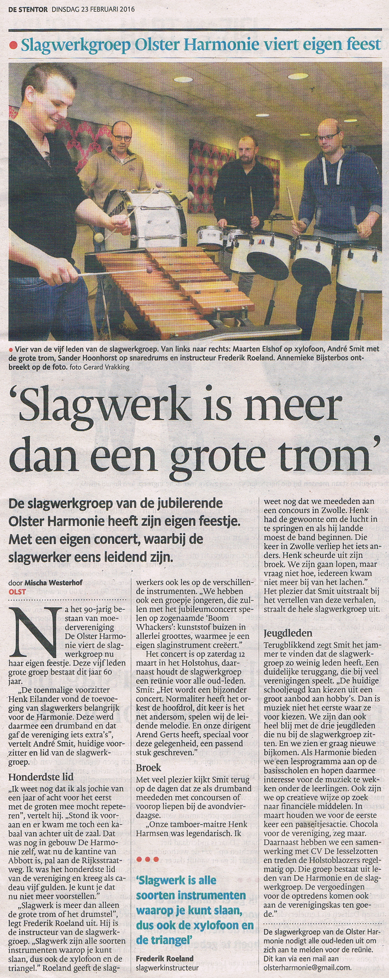 Artikel in De Stentor 23 februari 2016